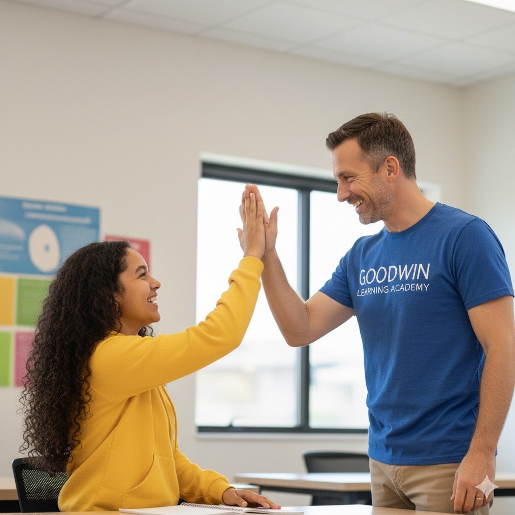 Goodwin Learning Academy teacher and student celebrating success with high five in classroom