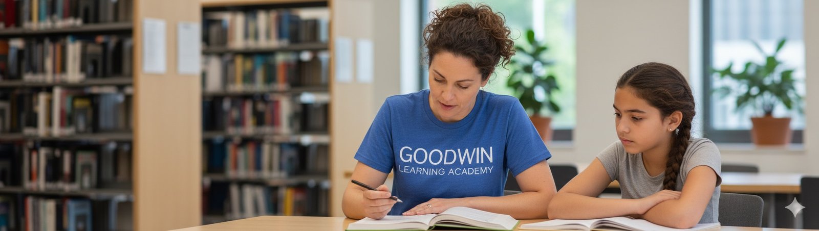 Goodwin Learning Academy middle school teacher and student in library