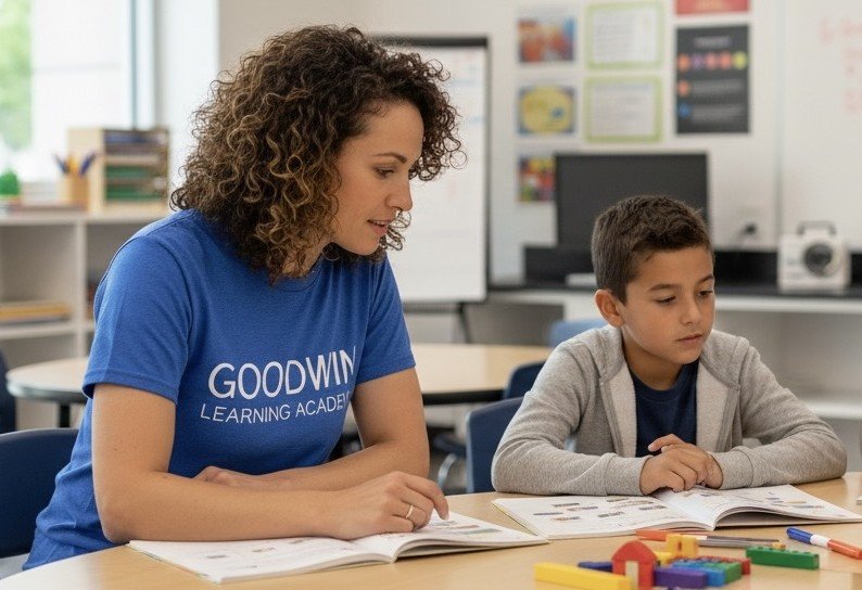 Goodwin Learning Academy elementary teacher working one-on-one with student
